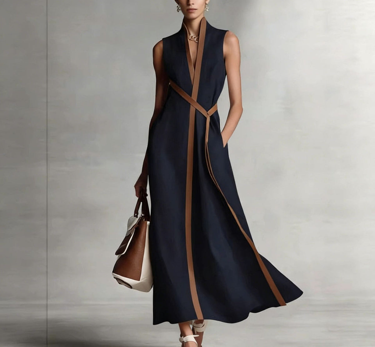 Stand Collar Sleeveless Color Block Loose Dress