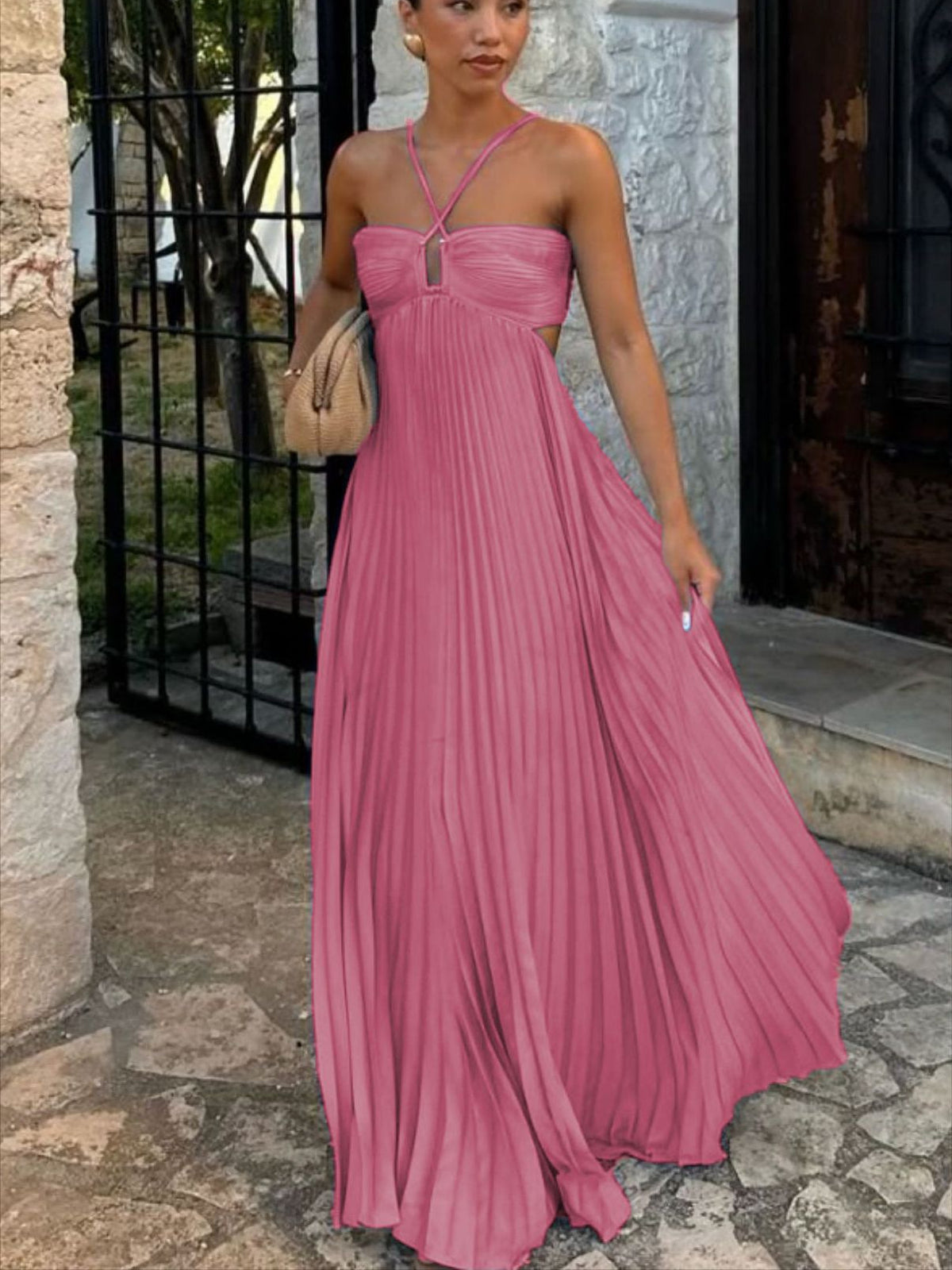 Sleeveless Pleated Halter Neck Dress