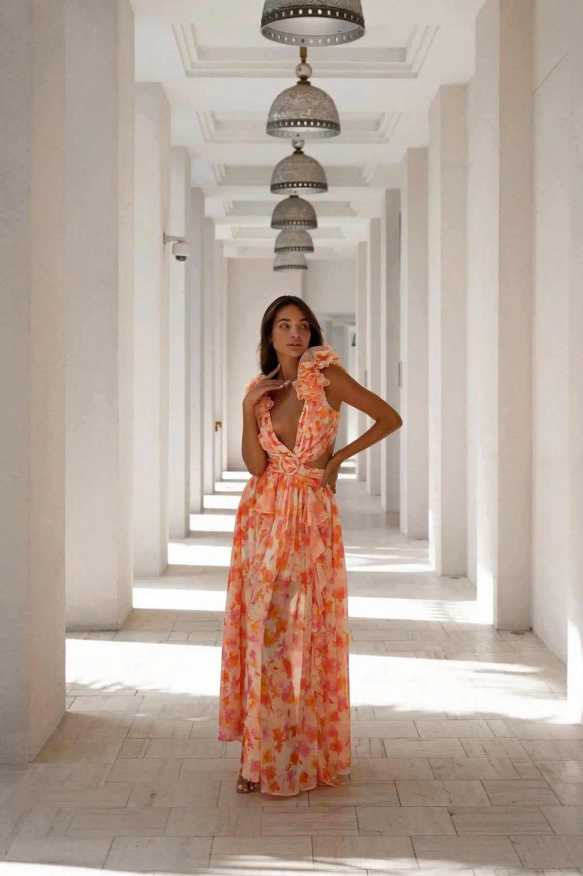 Floral V-Neck Backless Chiffon Dress
