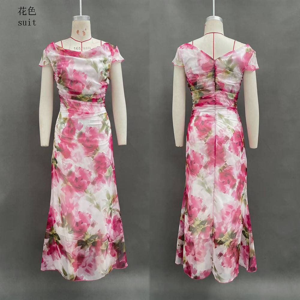 Women's Summer Floral Print Fishtail Dress Slim Fit Swing Collar Short Sleeve Long Dress