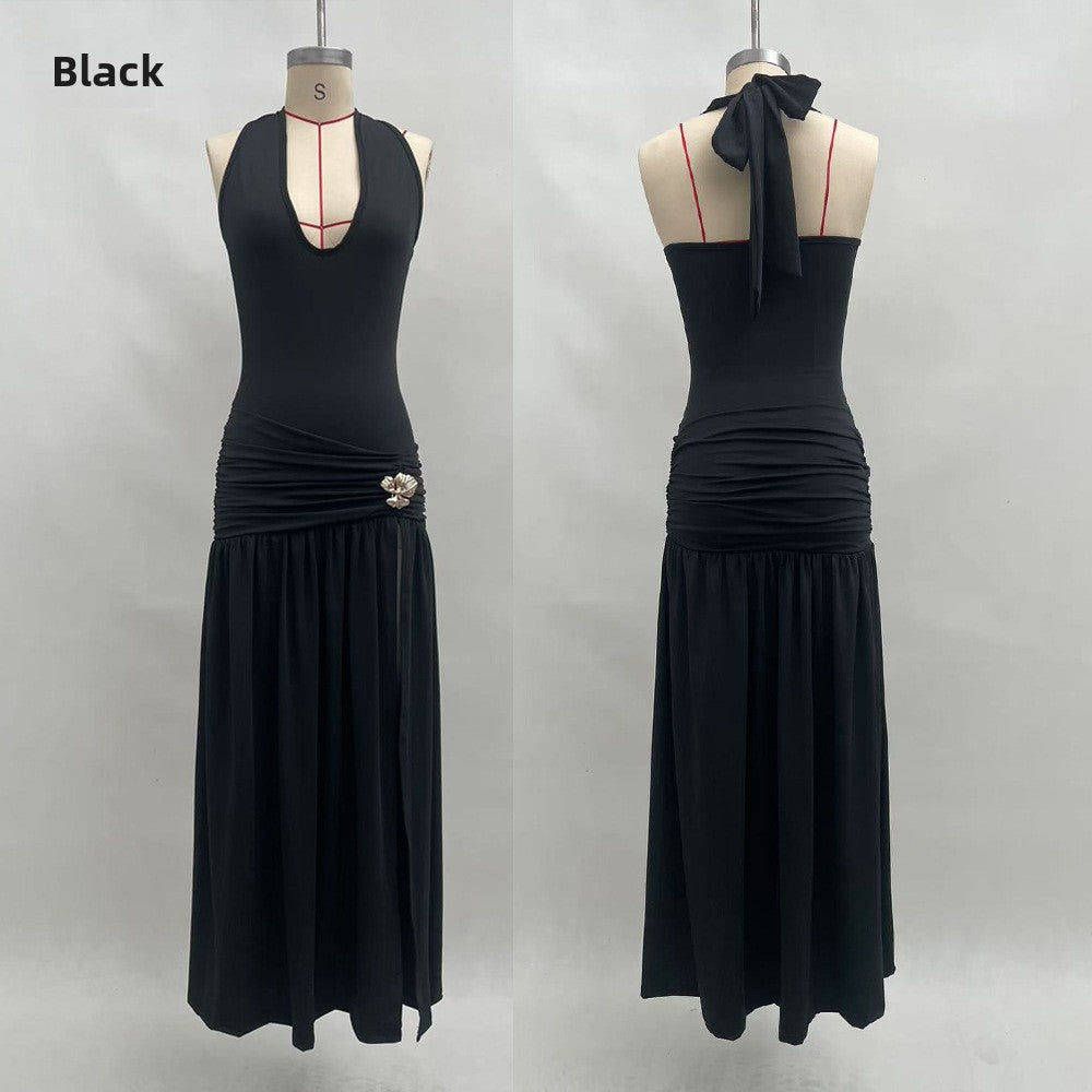 Slim Fit Solid Color Long Split Dress