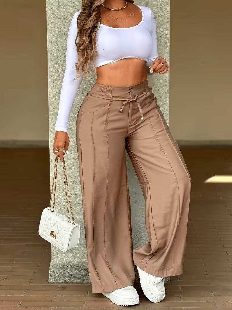 Women's Wide Leg Straight Pants Loose Casual Trousers Drawstring High Waist Multi-Pocket