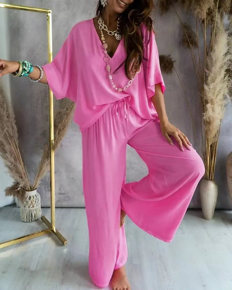Womens V-Neck Bat Sleeve Wide Leg Pants Set