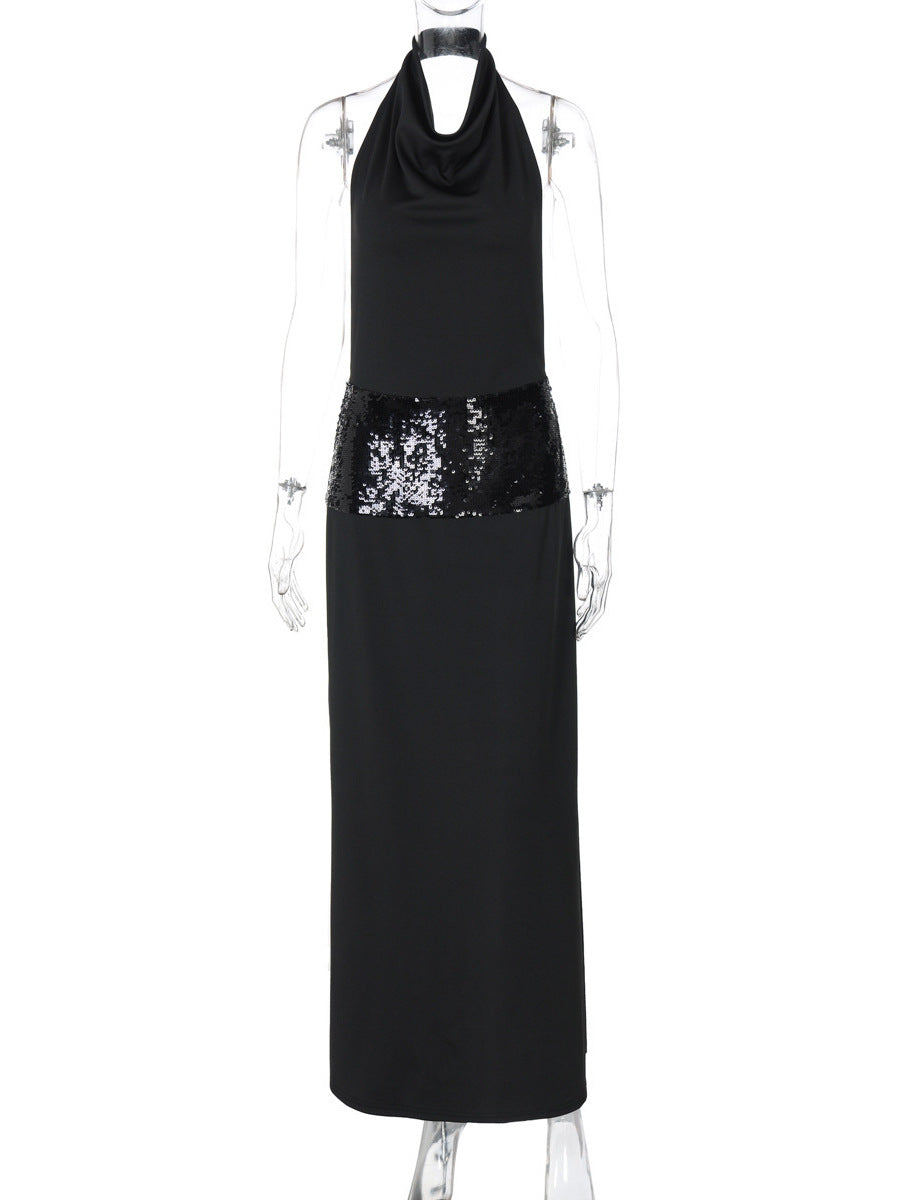 Swing Collar Back Cut Out Sequin Girdle Dress
