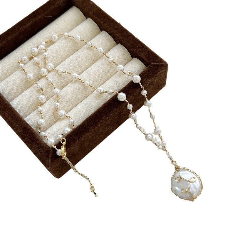 Baroque Pearl Necklace Women Hand Woven Long Chain