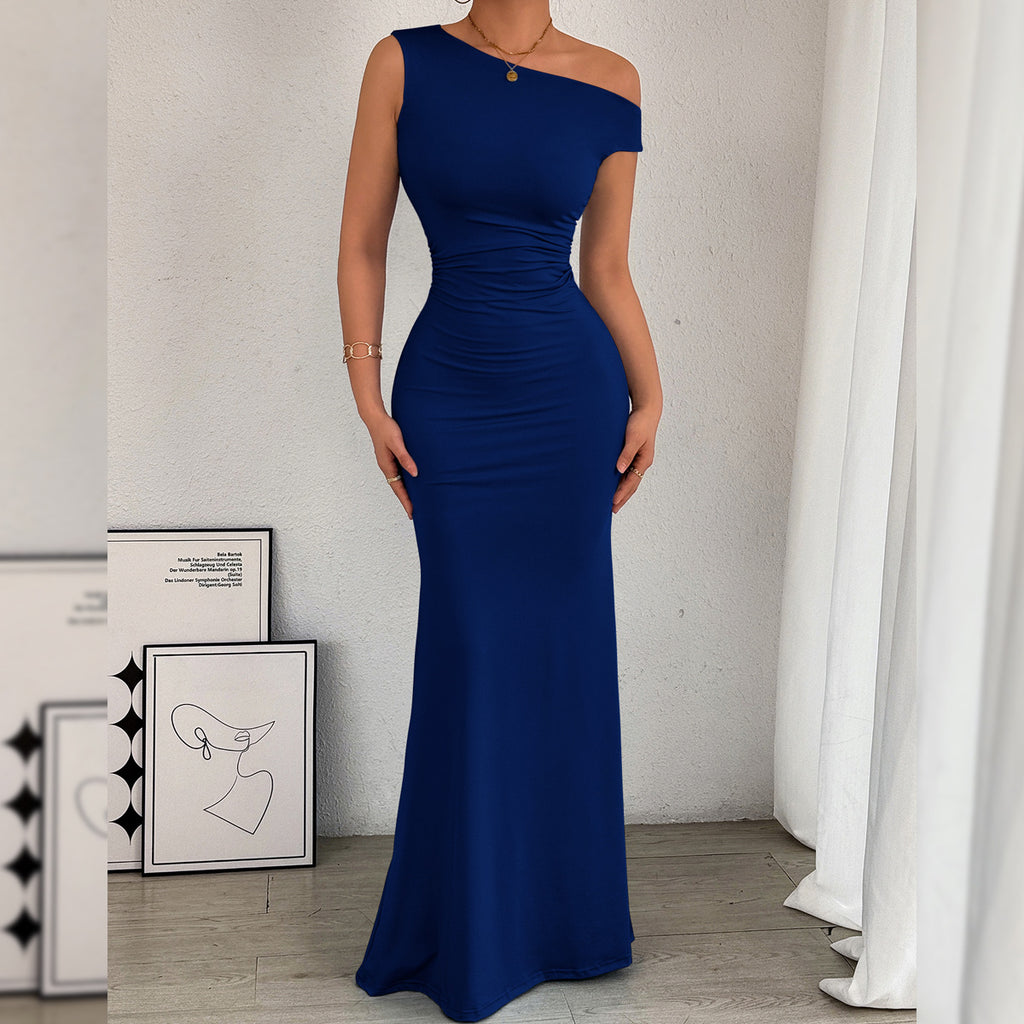One-Shoulder Fishtail Hem Pleated Waist Long Sleeveless Dress