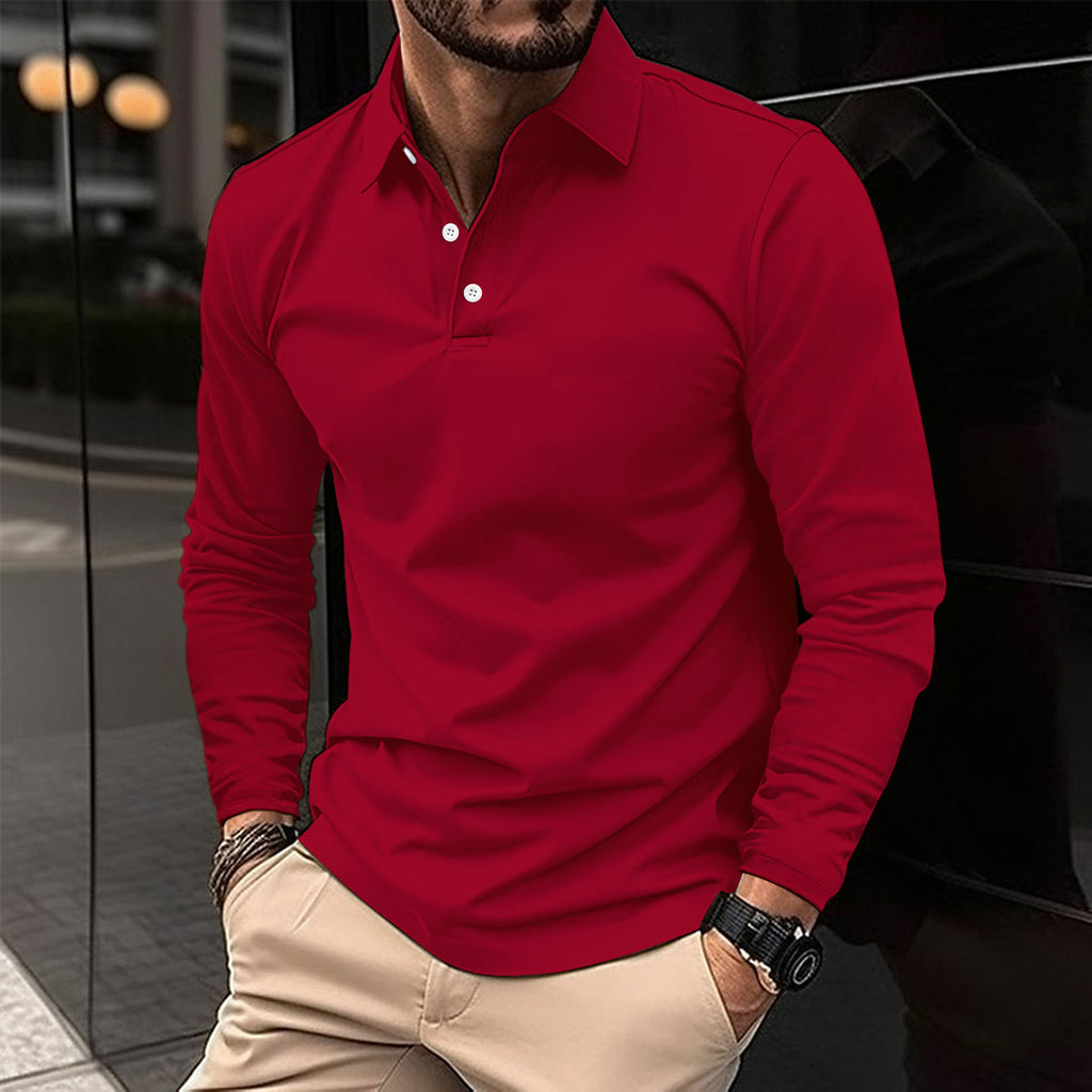 Mens Long Sleeve Solid Color Polo Shirt Casual Cotton Blend Button Down