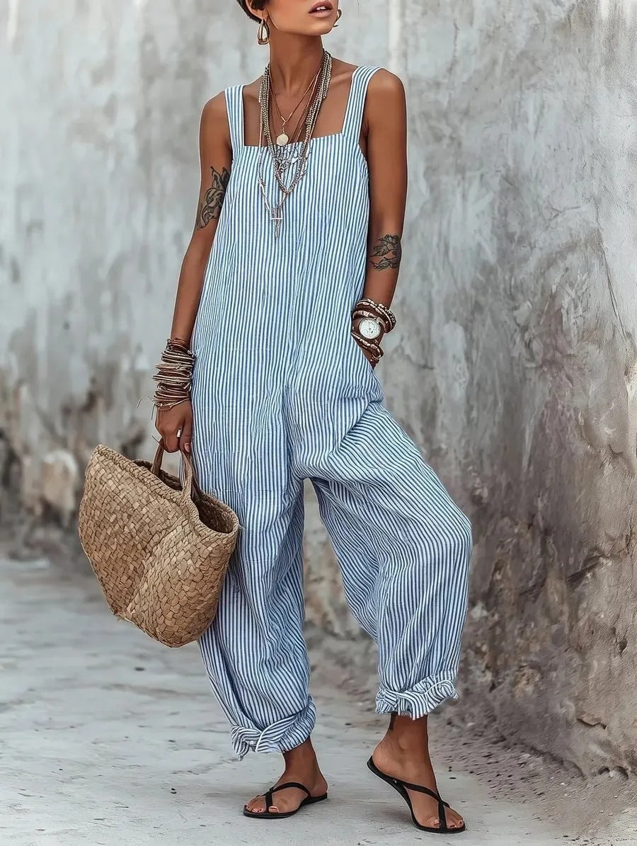 Striped Suspender Wide-Leg Jumpsuit for Women