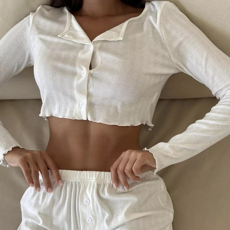Women's Lapel Long Sleeve Knit Pajama Suit