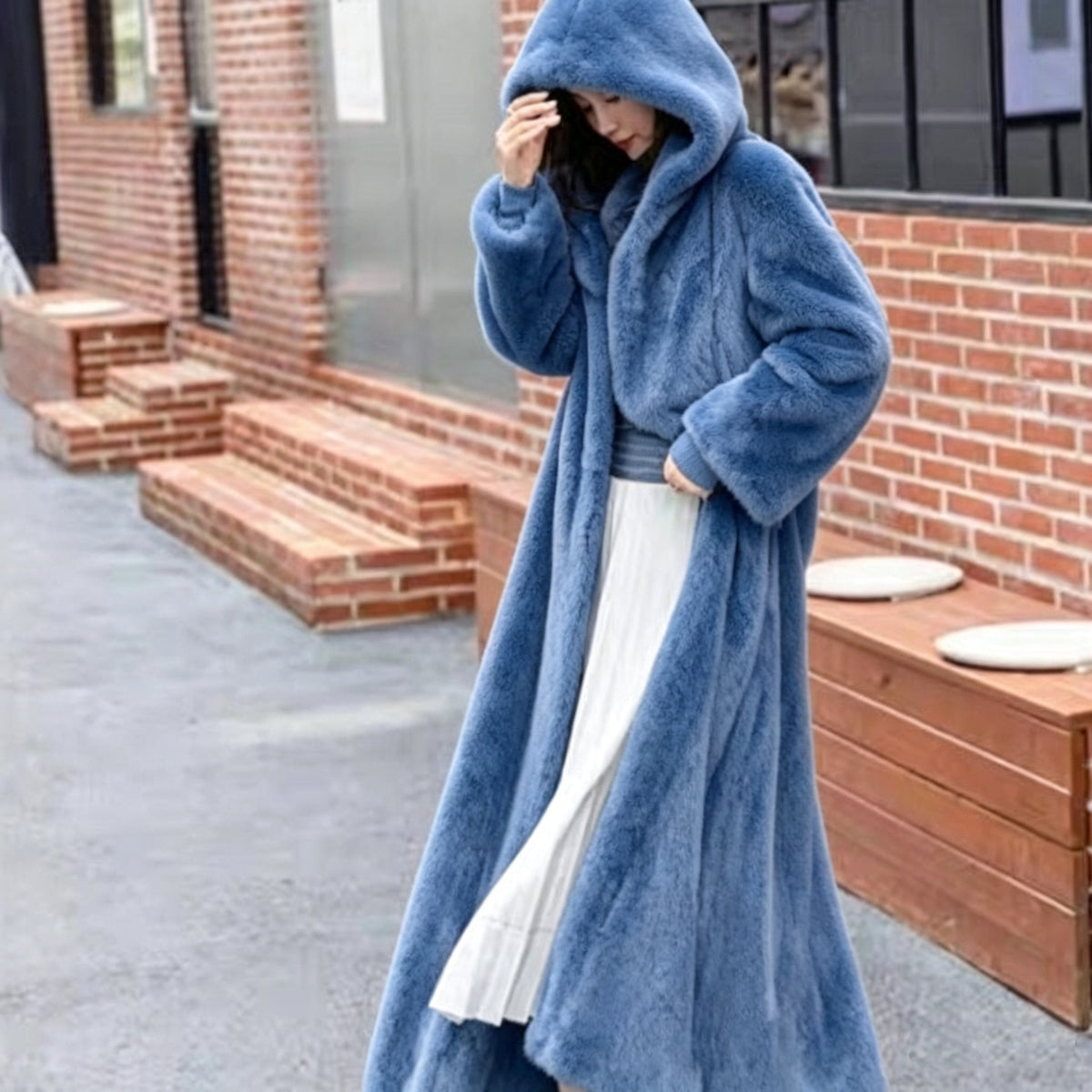 Extra-Long Faux Fur Hooded Coat with Belt for Women