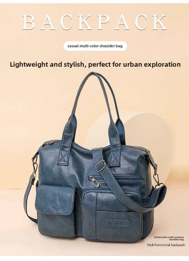 Vintage PU Leather Tote Bag Soft Retro Simple Shoulder Handbag for Women Daily Commuter