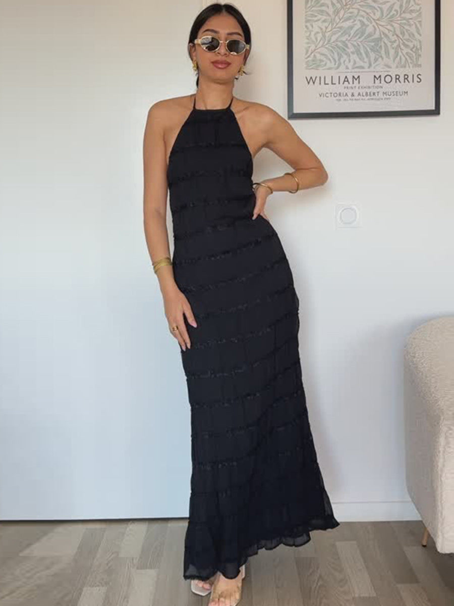 Womens Backless Pleated Long Dress