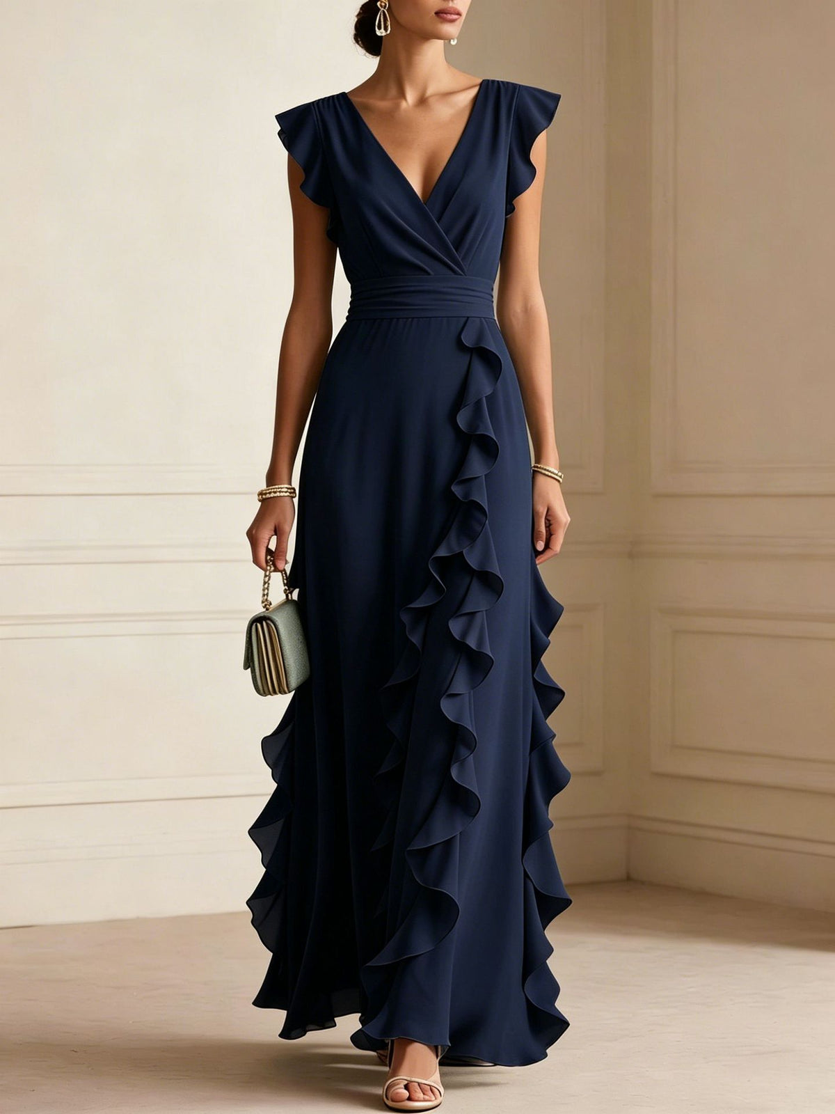 Solid Color, Ruched, Short-Sleeve, V-Neck, Dress, Chiffon Gown
