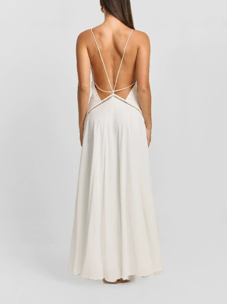 Women's Sexy Spaghetti Strap V-Neck Hollow Out Backless Tie Up Beach Vacation Long Dress