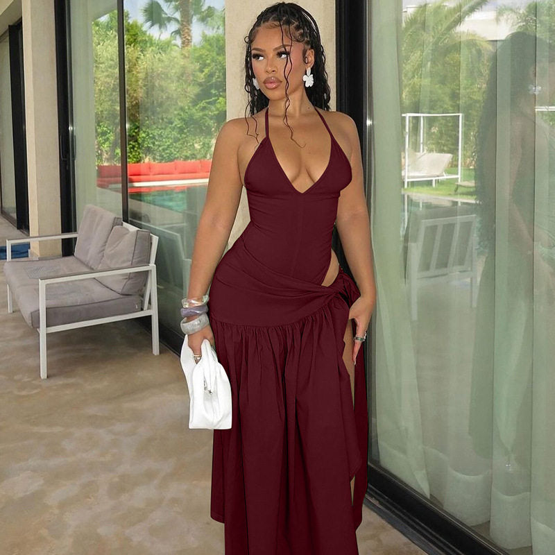 Womens V-Neck Halter Backless Jumpsuit with High-Waisted Skirt