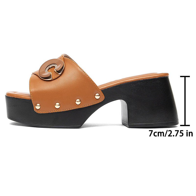 Womens Chunky Heel Open Toe Slippers