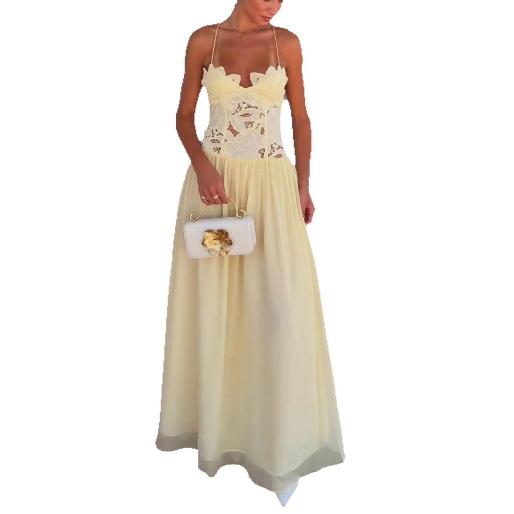 Cream Floral Lace Cross Back Long Dress