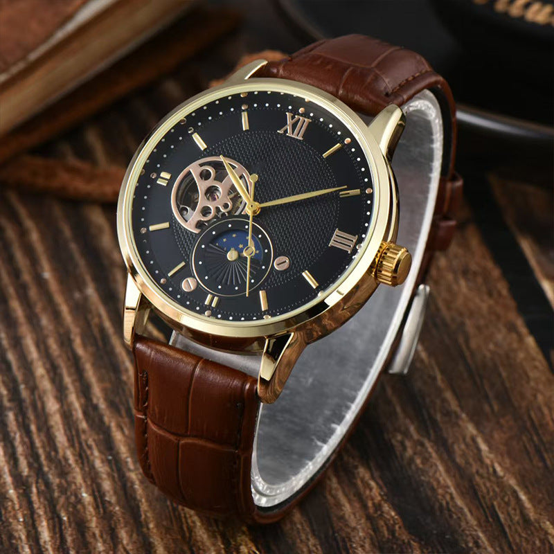 Men's Automatic Mechanical Watch Genuine Leather Strap Waterproof Round Dial Fashion Wristwatch