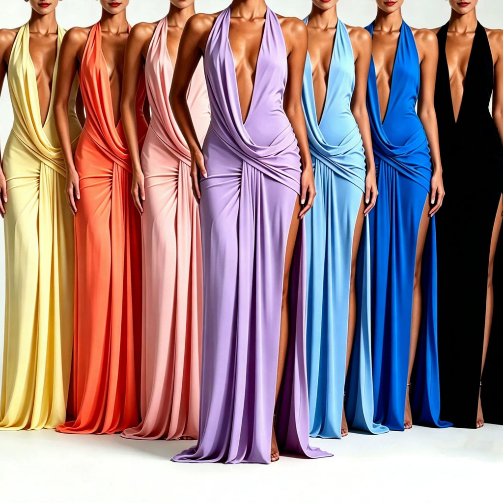 Deep V-Neck Halter Ruched Backless Dress