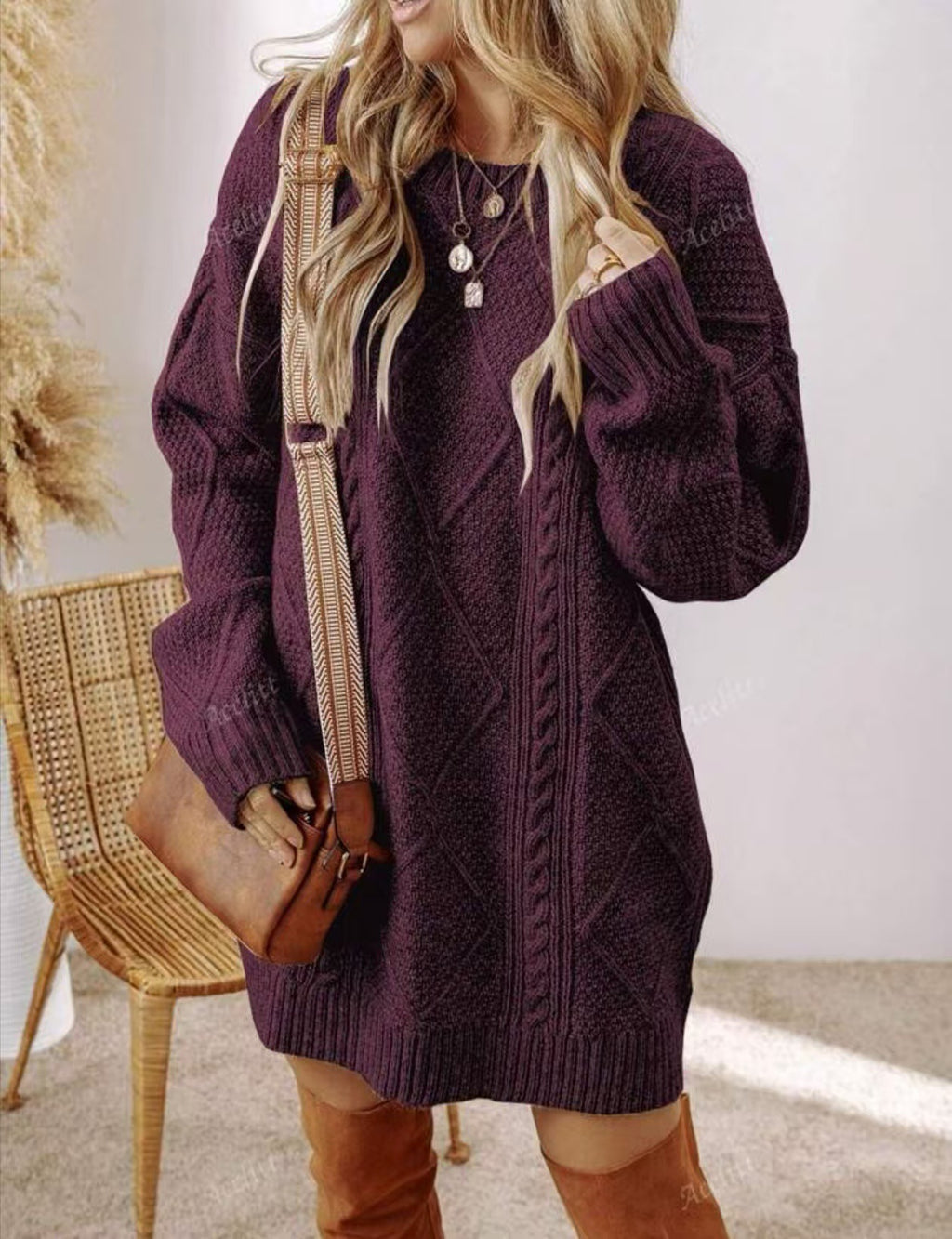 Women's Cable Knit Knee-Length Sweater Dress