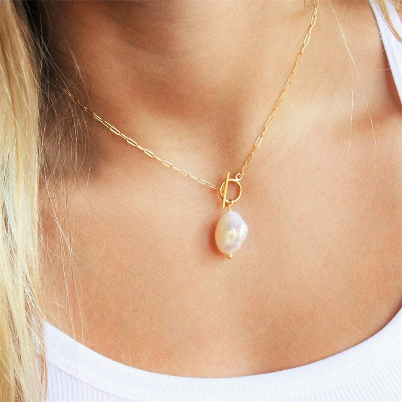 Baroque Freshwater Pearl Stainless Steel Necklace Square Chain Jewelry