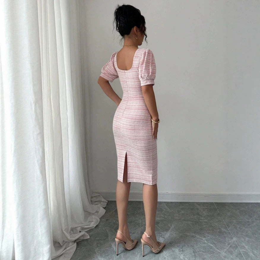 Pink Square Neck Puff Sleeve Bodycon Dress