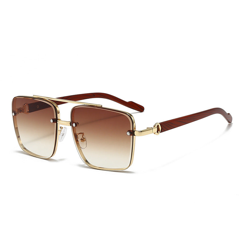 Retro Metal Double Bridge Sunglasses with Wood Grain Legs