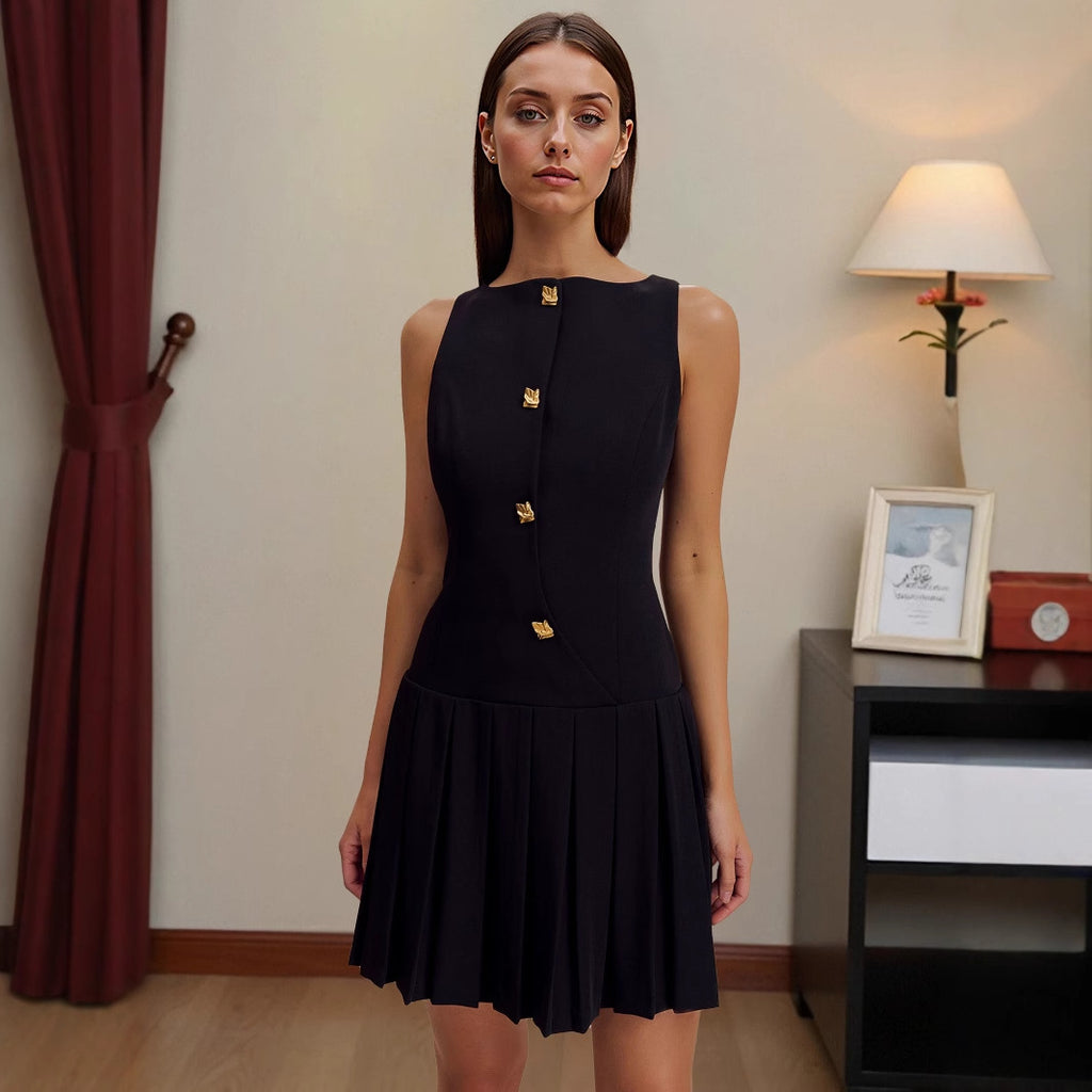 Sleeveless Pleated Shift Dress