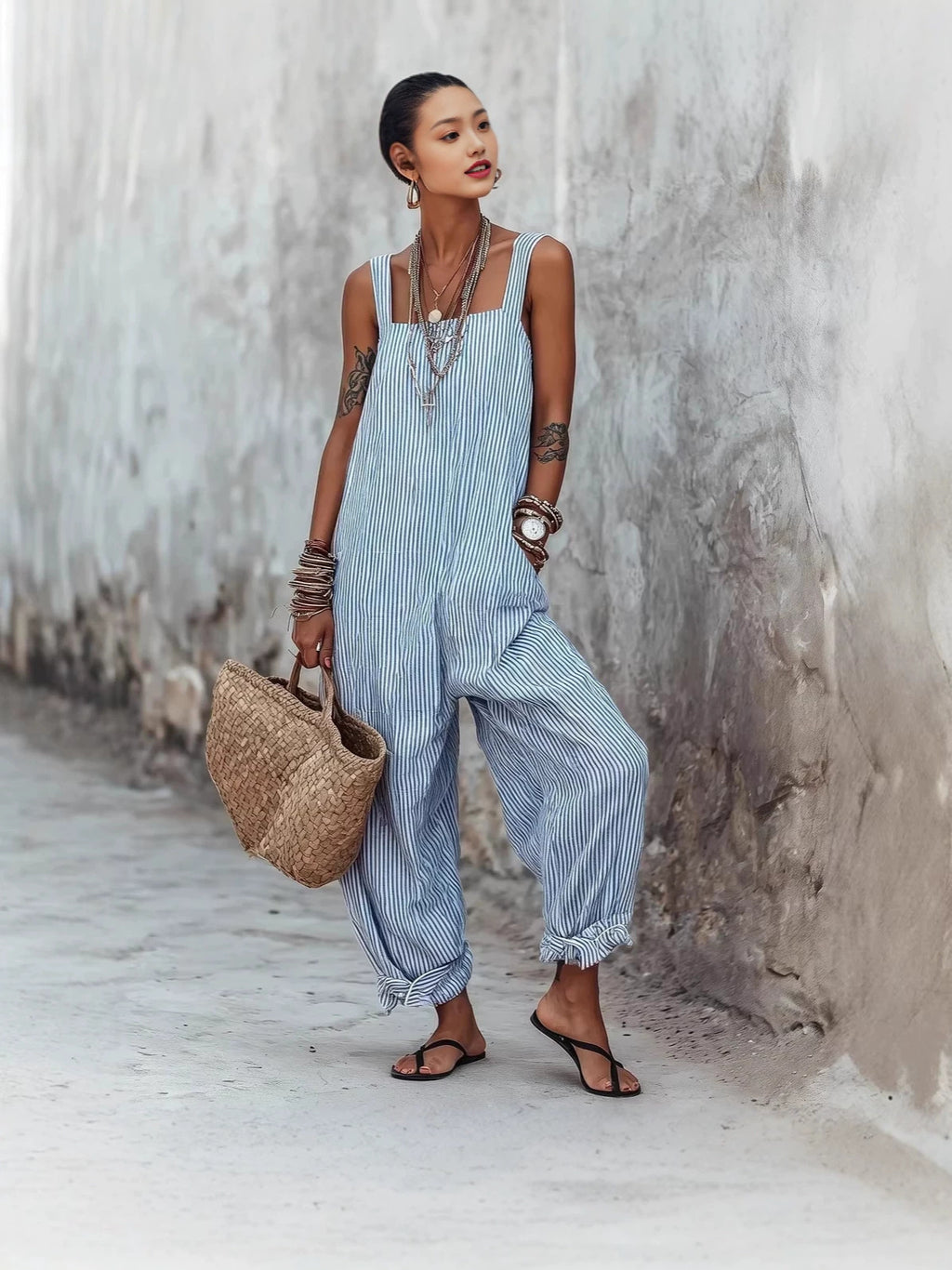 Striped Suspender Wide-Leg Jumpsuit for Women