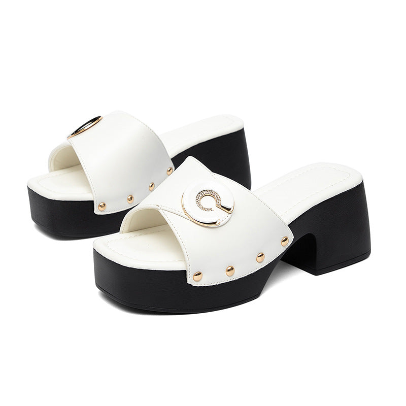 Womens Chunky Heel Open Toe Slippers