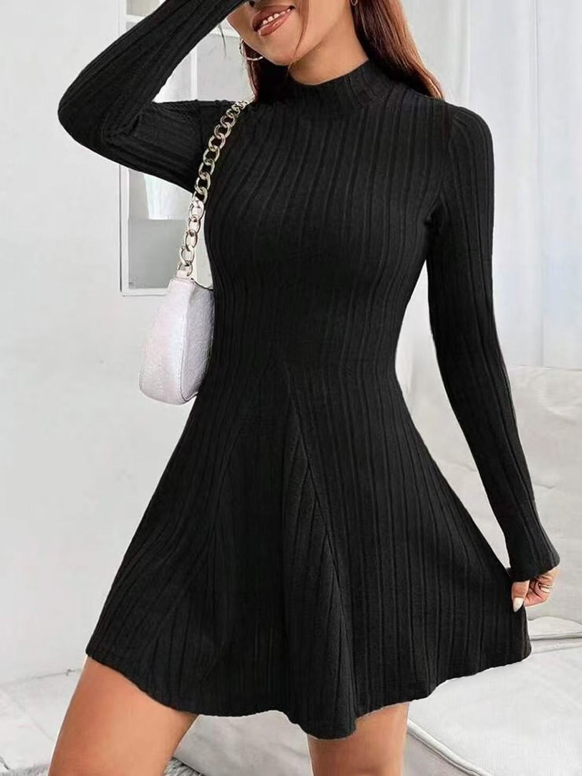 Women's Slim Fit Solid Color Long Sleeve Knitted Dress