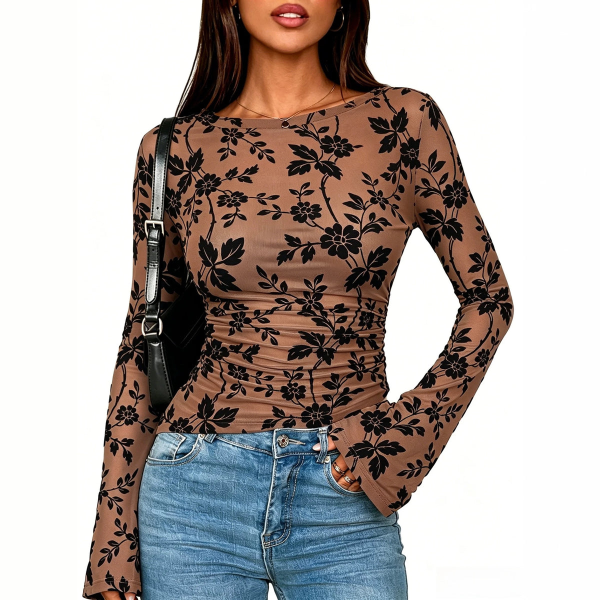 Women's Floral Flocked Mesh Slim Fit Long Sleeve T-Shirt