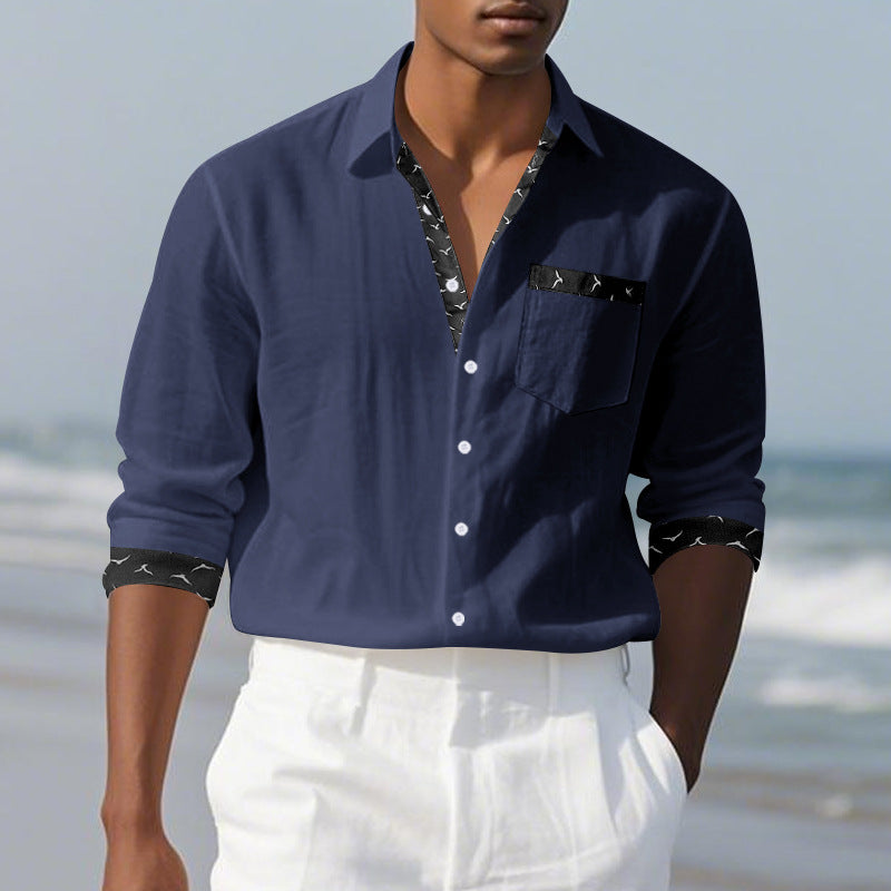 Men's Solid Color Long Sleeve Lapel Shirt Digital Print
