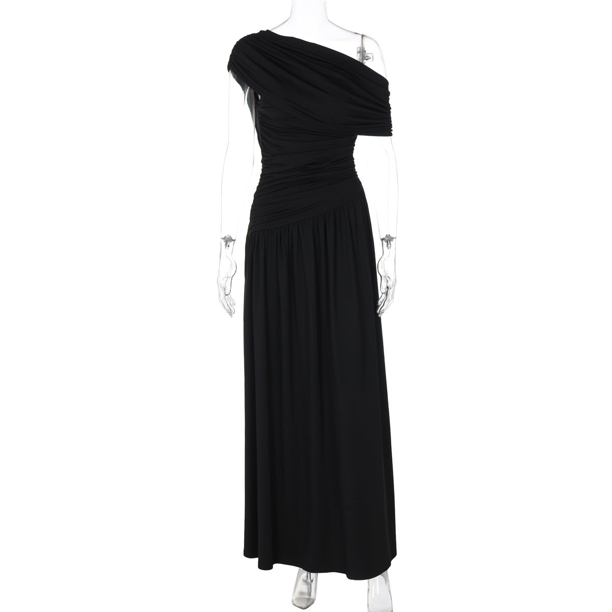 Womens Asymmetrical Neckline Pleated Dress