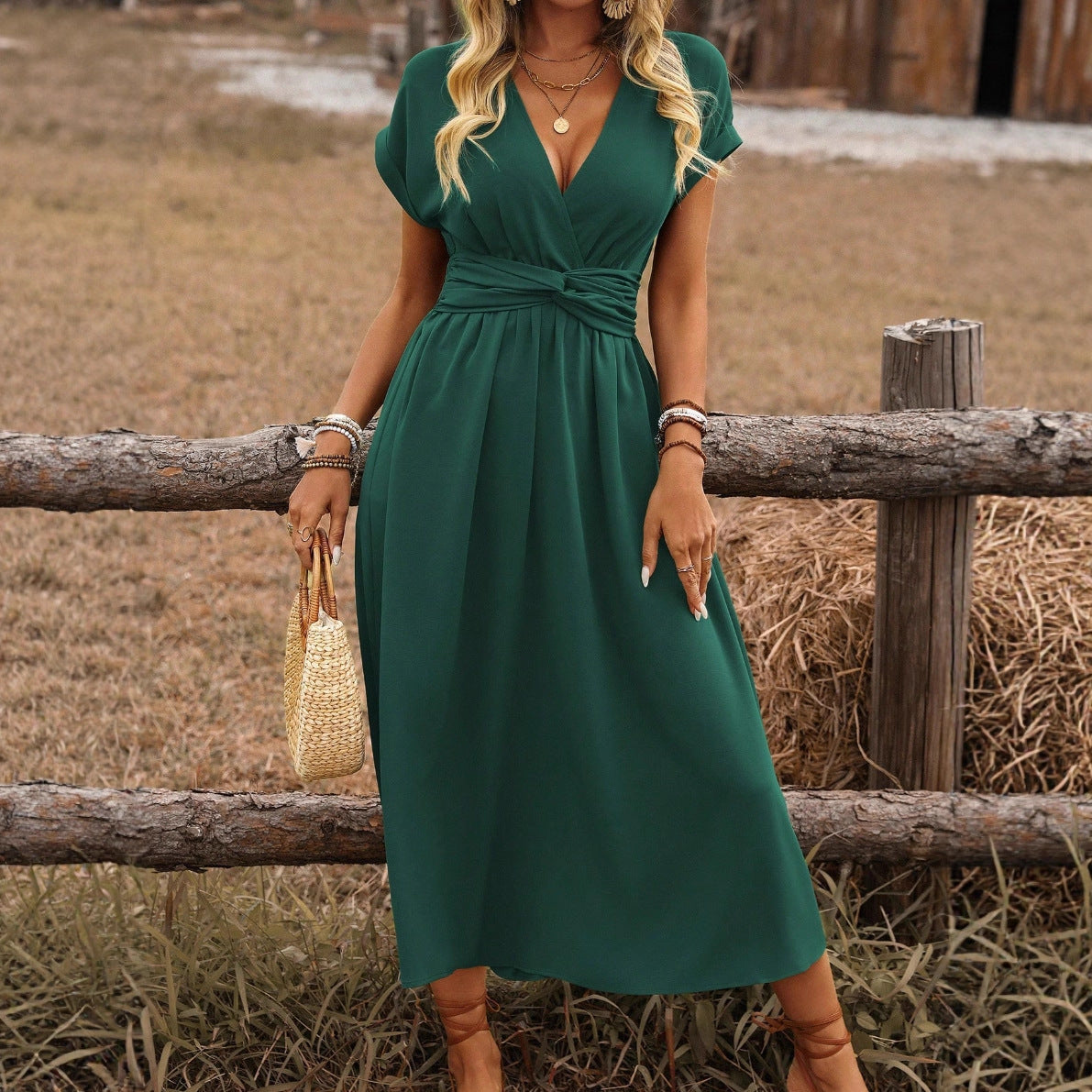 Womens V-Neck Batwing Sleeve Dress