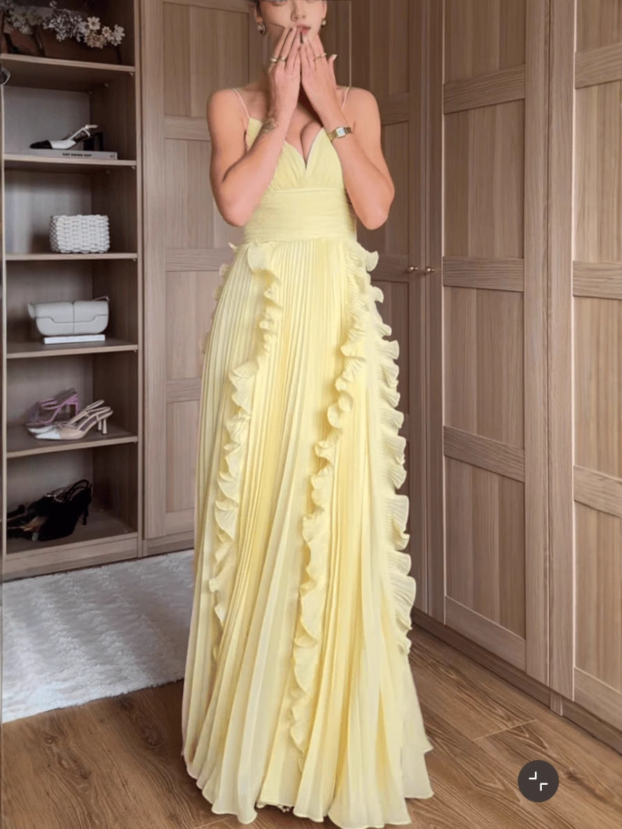 V-Neck Sleeveless Waist-Cinching Ruffled Flared Dress