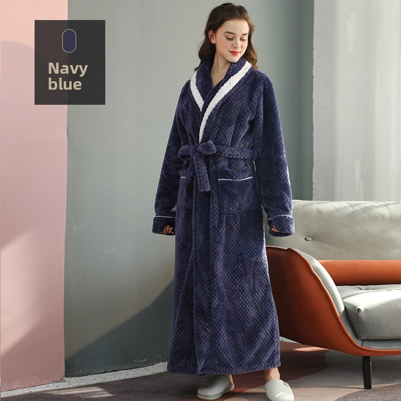 Long Thick Flannel Couple Bathrobe with Lapel Collar