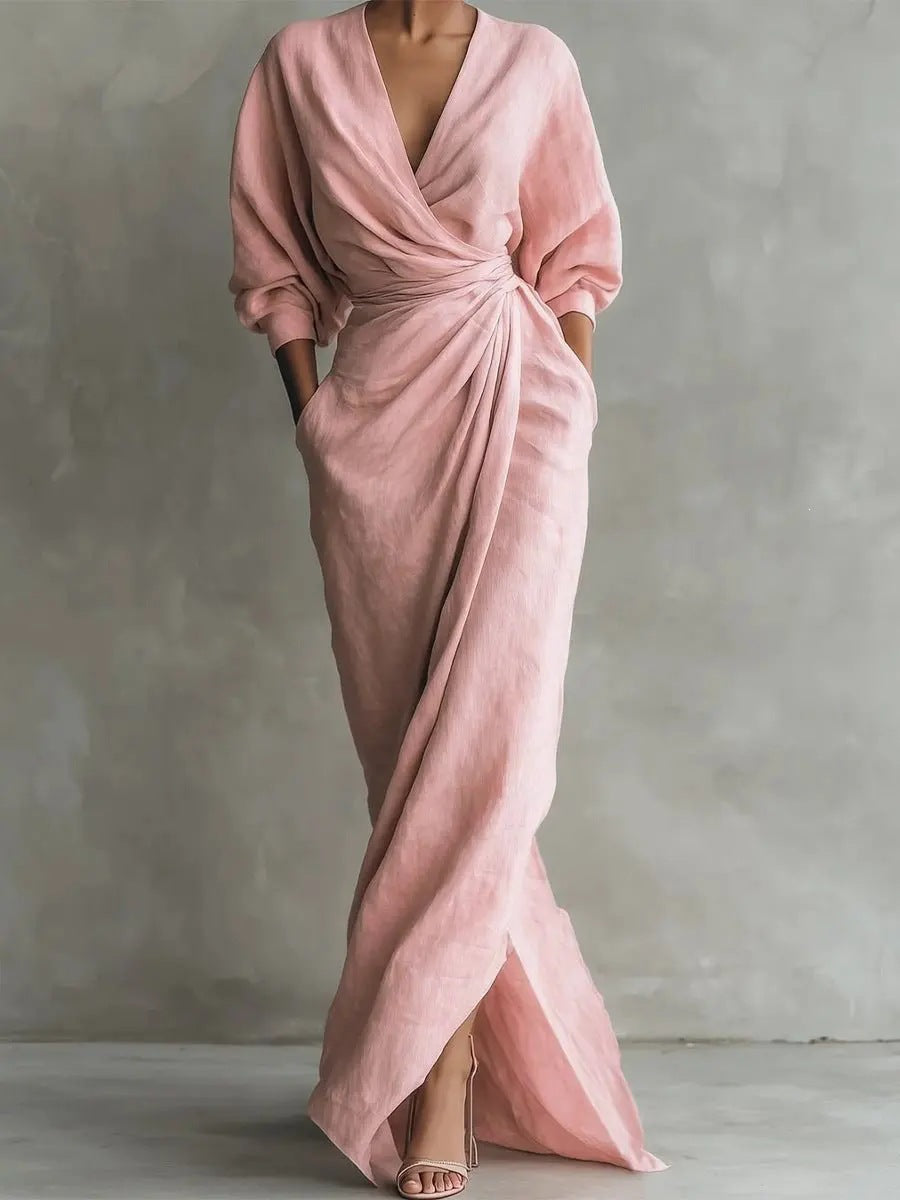 Solid-color V-neck long-sleeve slit waist-cinching dress with pockets