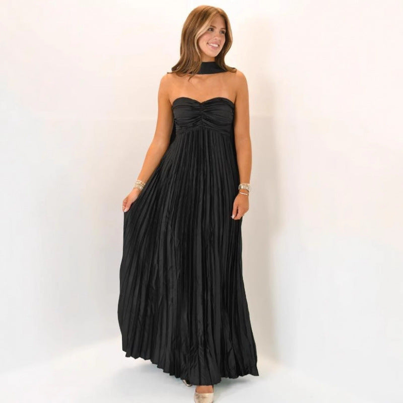Elegant Pleated Halter Neck Dress
