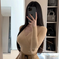 Women's Threaded Deep V-Neck Long Sleeve Knit Two-Piece Skirt Set