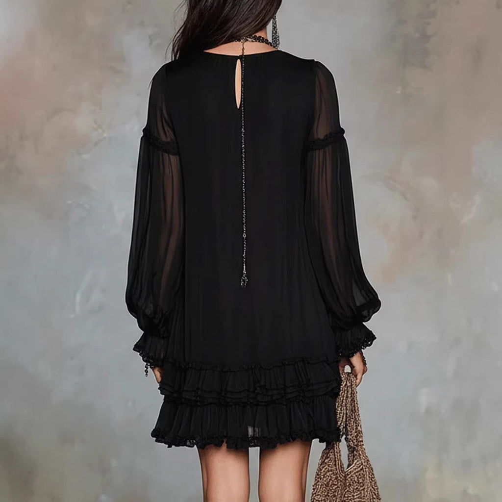 Spring New V-Neck Waist-Cinching Ruffle Elegant Dress