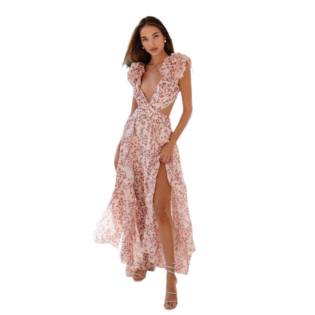 Floral V-Neck Backless Chiffon Dress