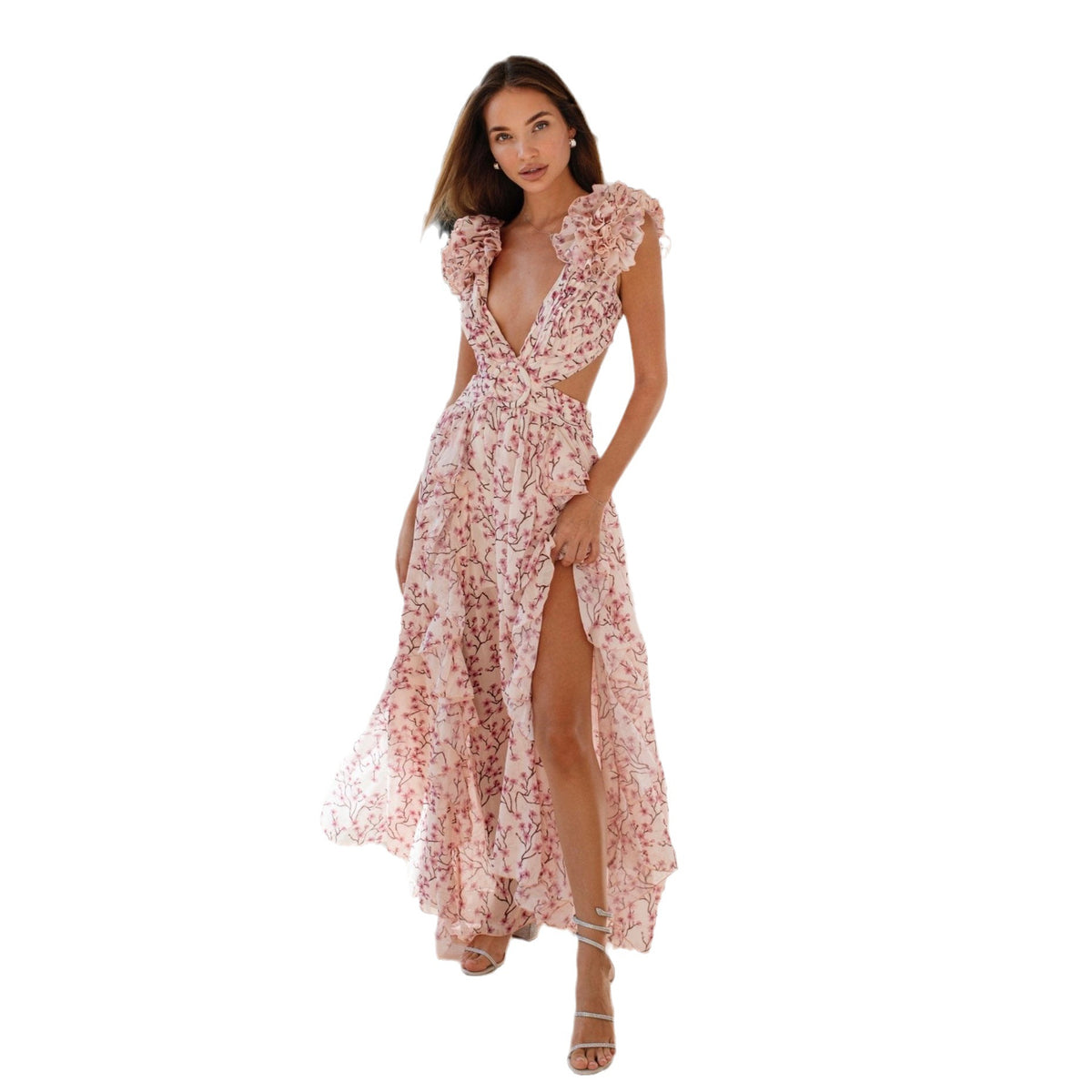 Floral V-Neck Backless Chiffon Dress