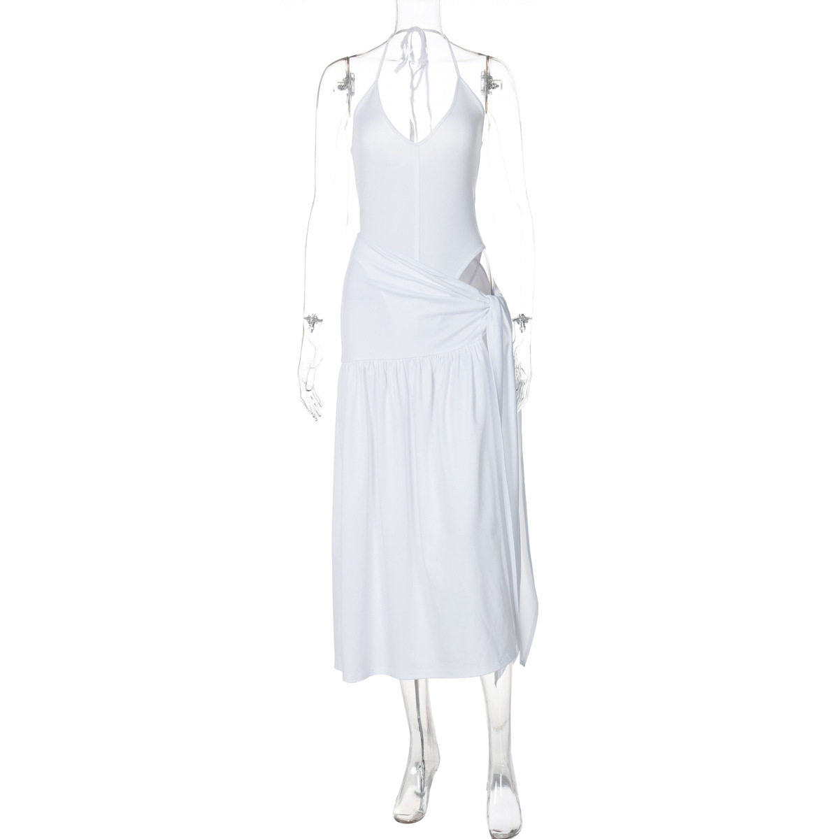 Womens V-Neck Halter Backless Jumpsuit with High-Waisted Skirt