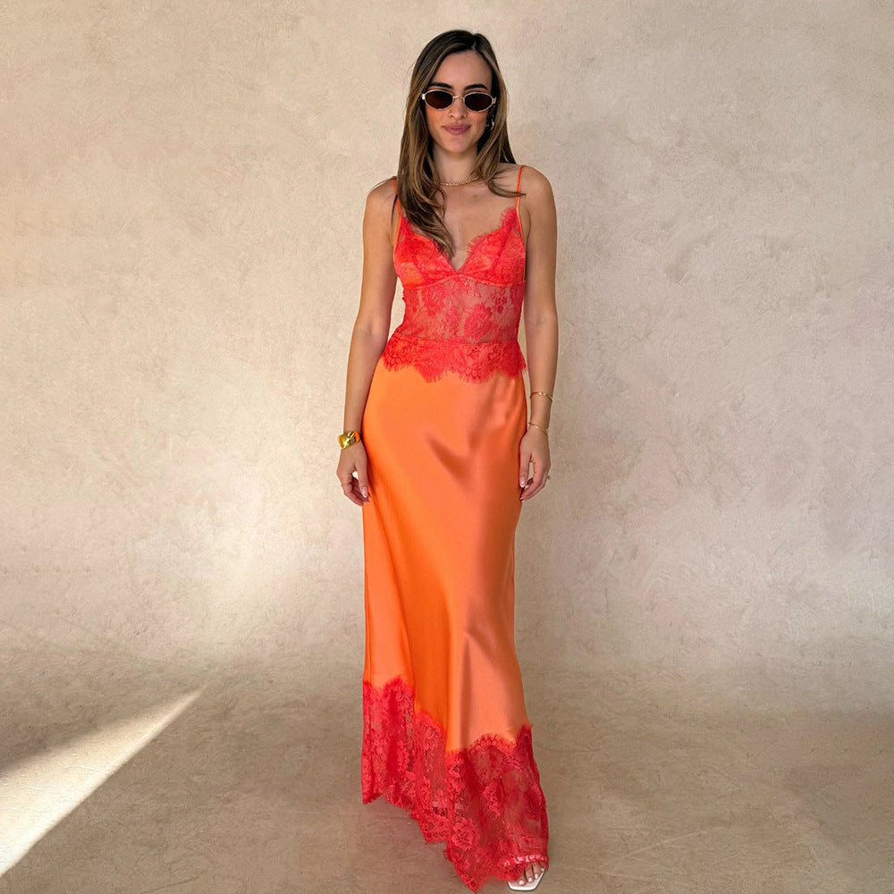 Lace Spliced Long Dress with Deep V-Neck