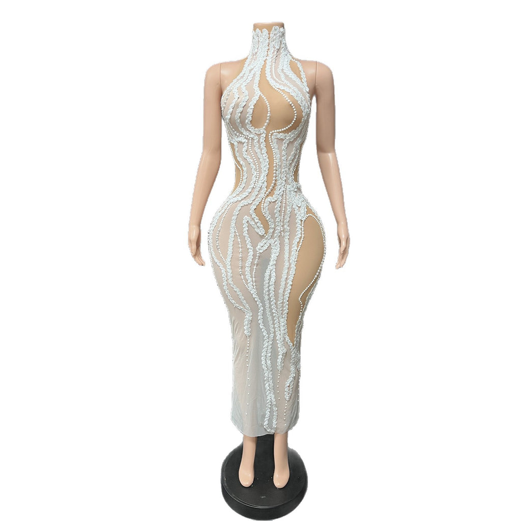 Elegant Pearl Embellished Spandex Dress