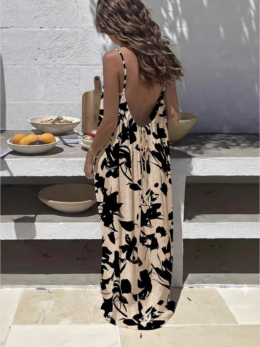 Womens Backless Loose Print Slip Dress