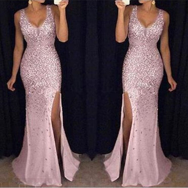 2027 New European and American Cross-Border Women's Clothing Amazon Long Dress with Straps, V-Neck, Slit, and Gold Embellishments