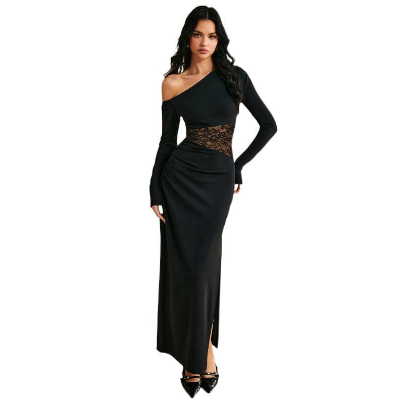 Women's Solid Color One-Shoulder Long-Sleeve Lace Patchwork Elegant Long Dress