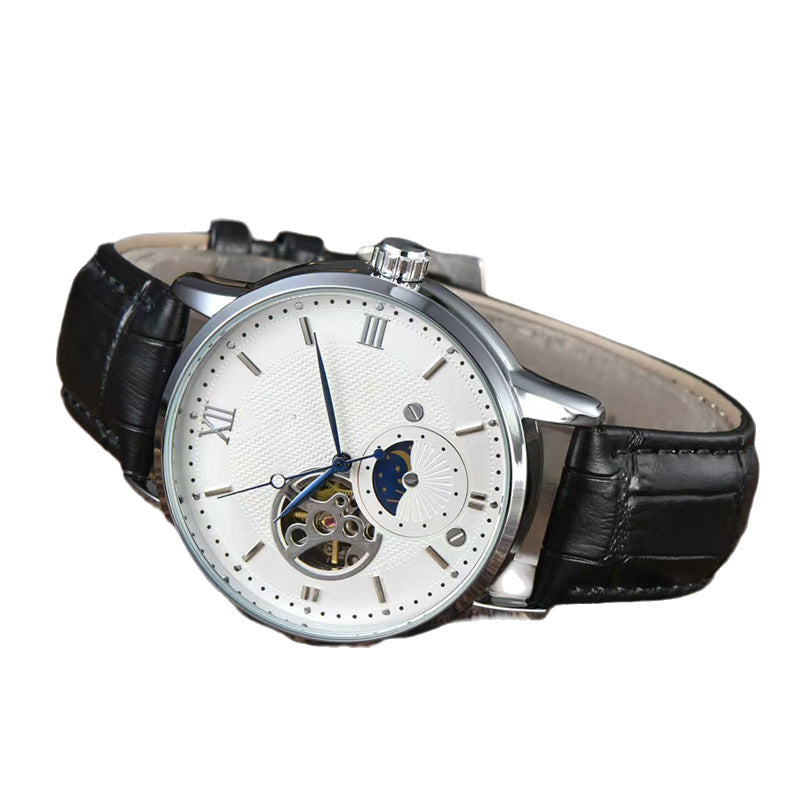 Men's Automatic Mechanical Watch Genuine Leather Strap Waterproof Round Dial Fashion Wristwatch